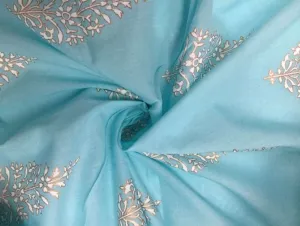 100% Cotton Printed light blue with floral golden jacquard Fabric 44" wide [11169]