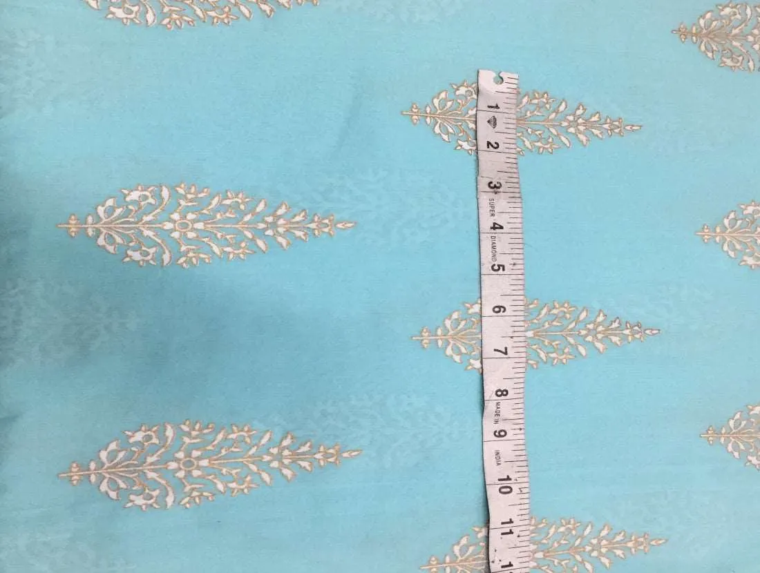 100% Cotton Printed light blue with floral golden jacquard Fabric 44" wide [11169]