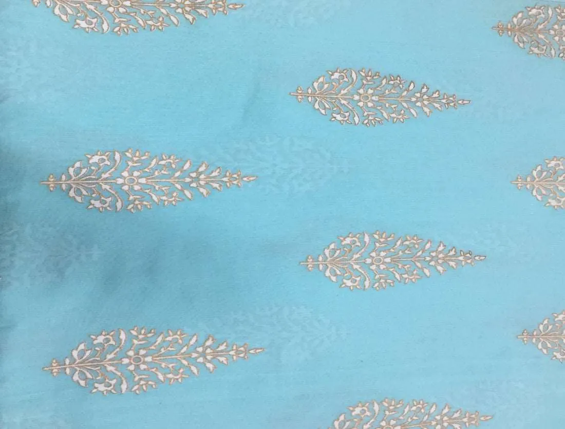 100% Cotton Printed light blue with floral golden jacquard Fabric 44" wide [11169]