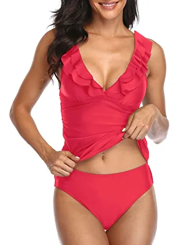 2 Piece Falbala Ruffle Flounce Tankini Swimsuits Deep V Neck Swimwear-Red