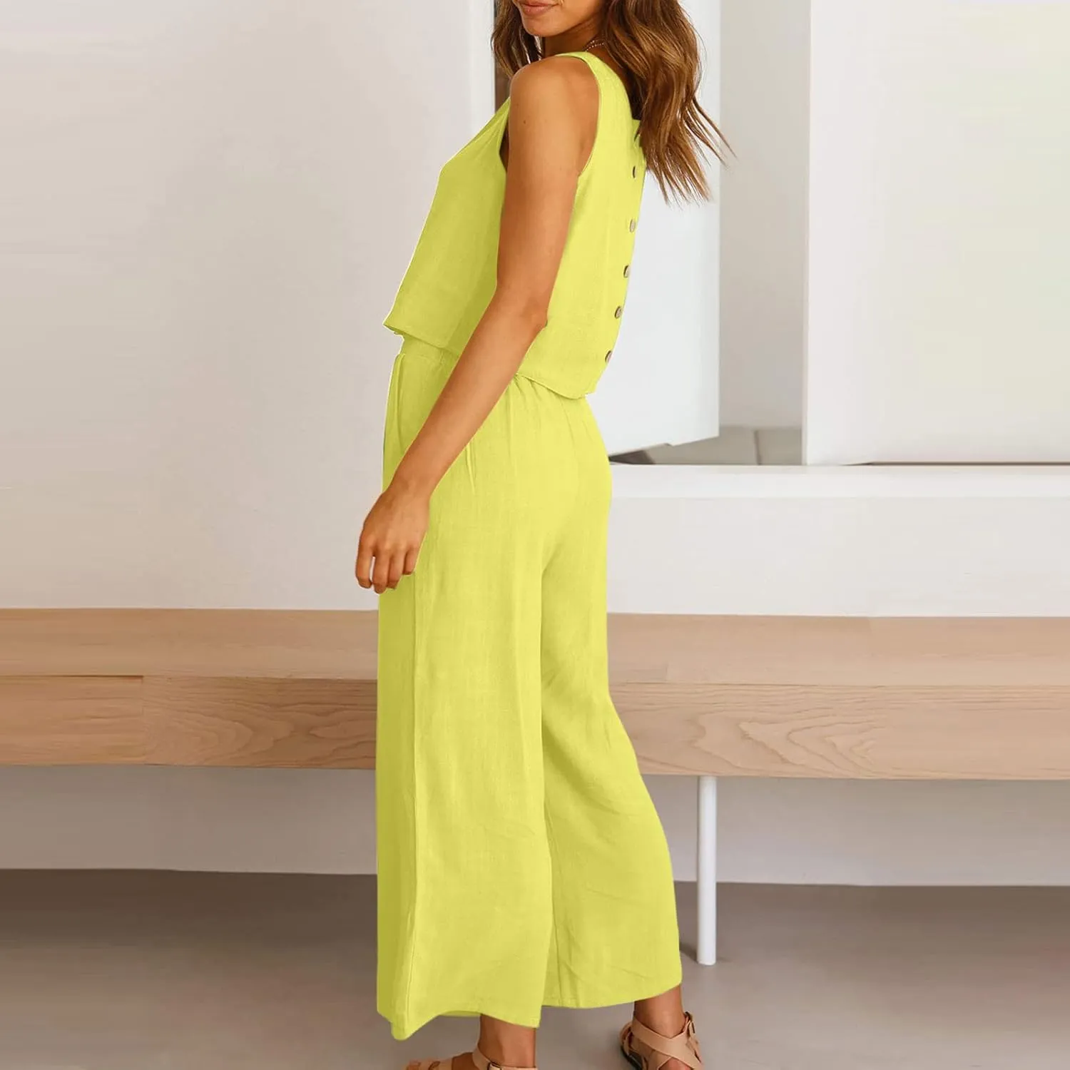 2 Piece Sets for Women Trendy 2025 Sleeveless Crop Top Wide Leg Pants Linen Travel Jumpsuit Lounge Beach Outfits
