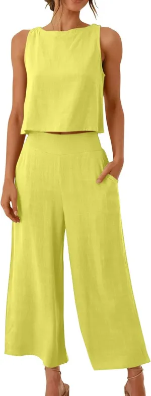 2 Piece Sets for Women Trendy 2025 Sleeveless Crop Top Wide Leg Pants Linen Travel Jumpsuit Lounge Beach Outfits
