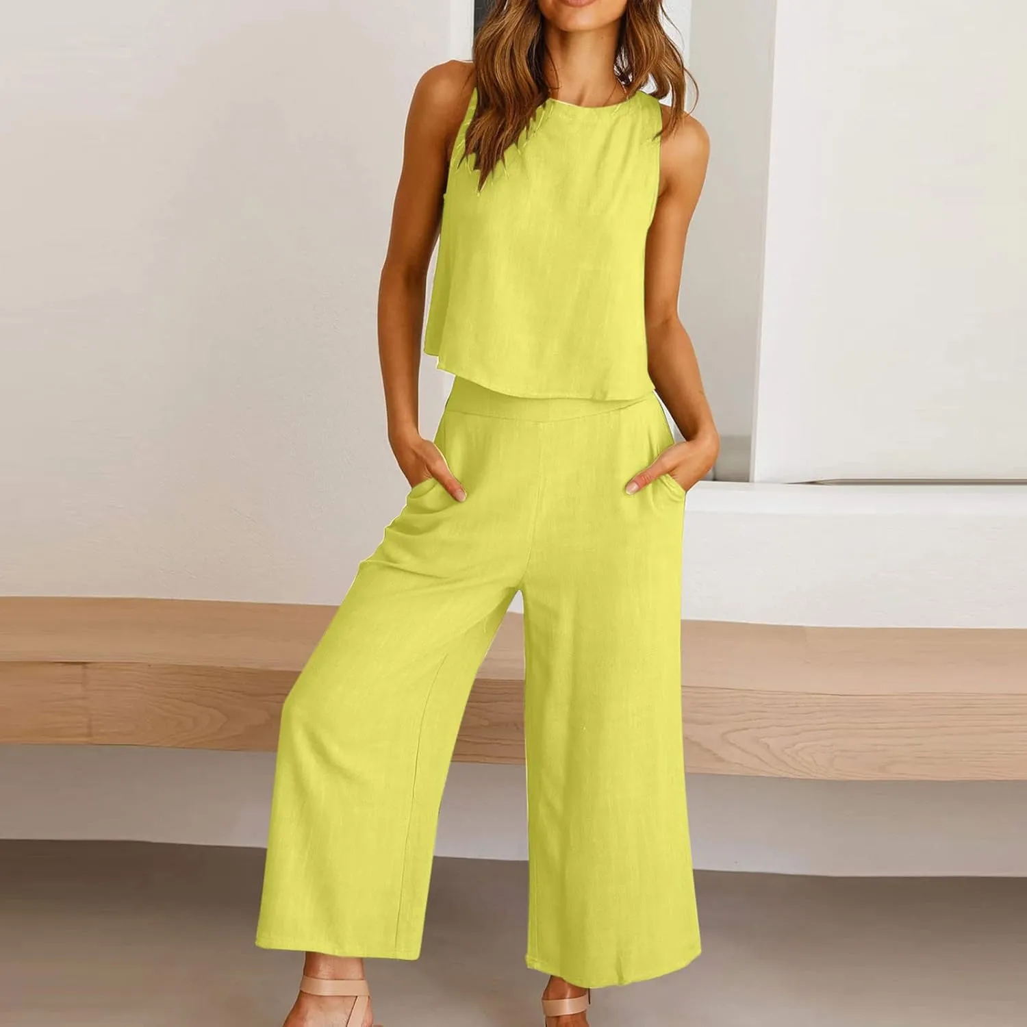 2 Piece Sets for Women Trendy 2025 Sleeveless Crop Top Wide Leg Pants Linen Travel Jumpsuit Lounge Beach Outfits