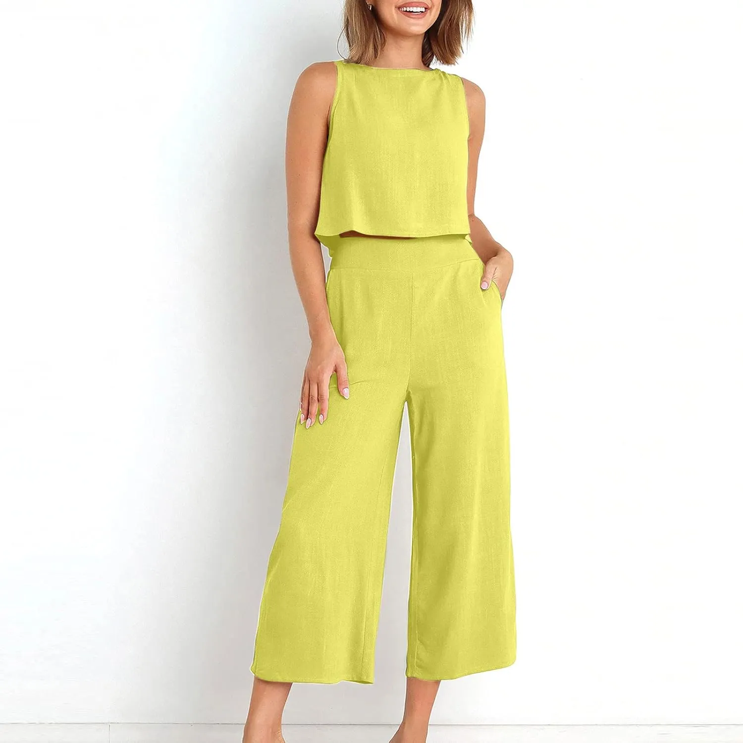 2 Piece Sets for Women Trendy 2025 Sleeveless Crop Top Wide Leg Pants Linen Travel Jumpsuit Lounge Beach Outfits