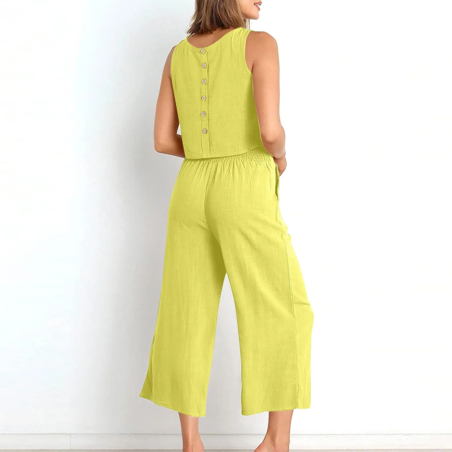 2 Piece Sets for Women Trendy 2025 Sleeveless Crop Top Wide Leg Pants Linen Travel Jumpsuit Lounge Beach Outfits