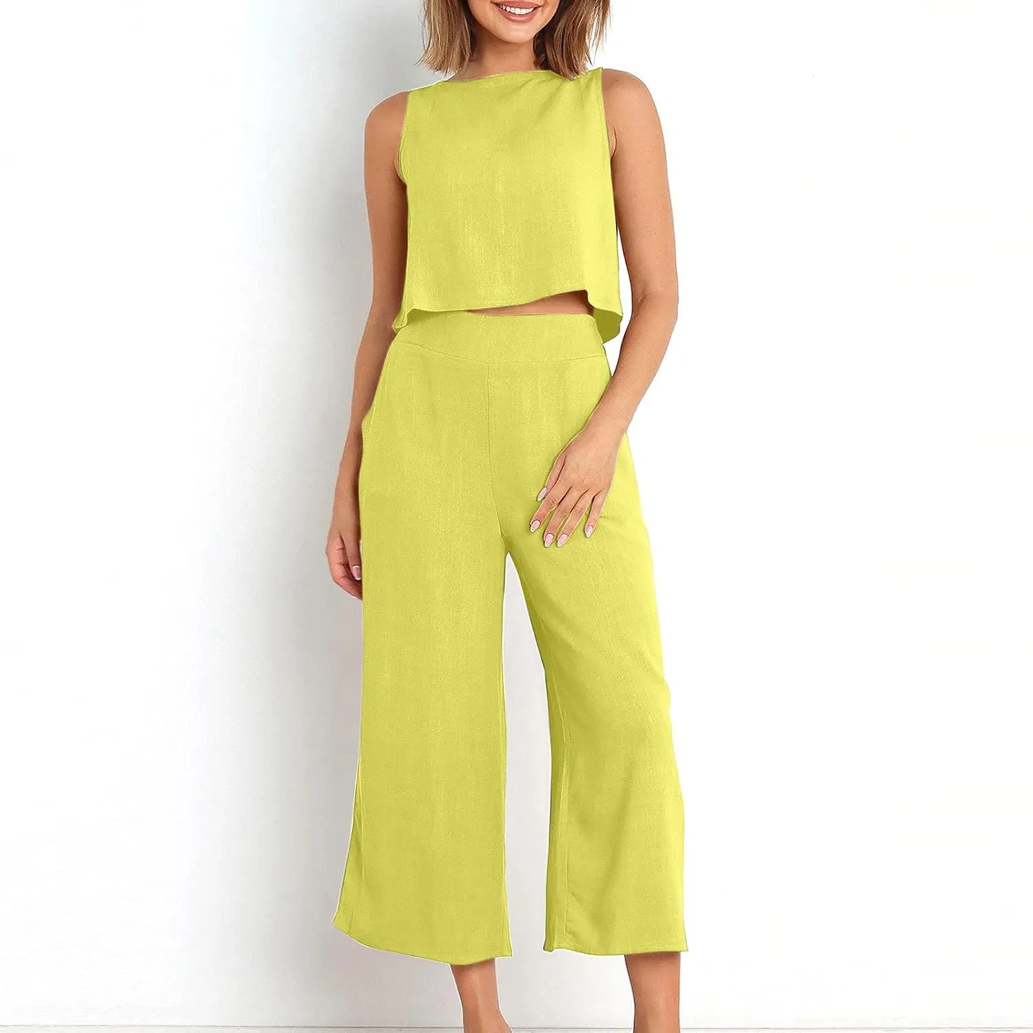 2 Piece Sets for Women Trendy 2025 Sleeveless Crop Top Wide Leg Pants Linen Travel Jumpsuit Lounge Beach Outfits