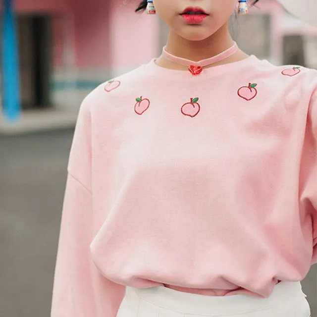 2018 Spring New Women Hoodies Long Sleeve Cotton Boyfriend Style Hoodie Harajuku Peach Embroidered Sweatershirt #A022