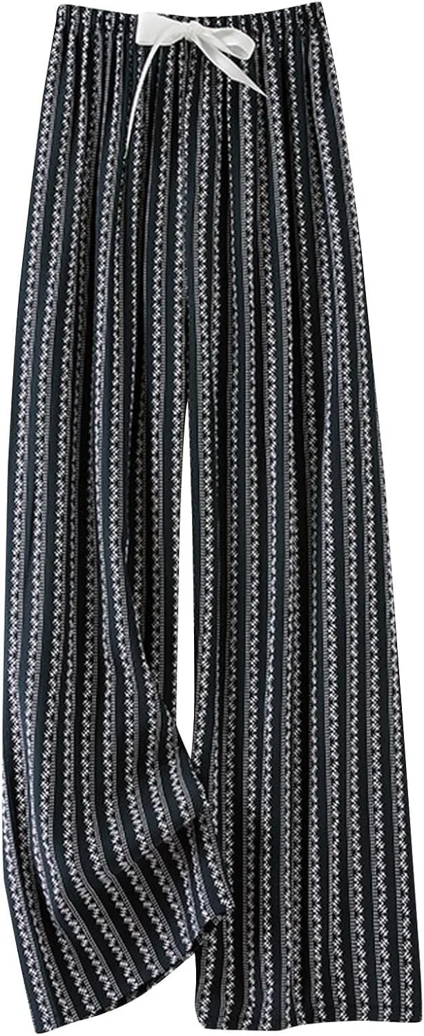 2024 Floral Printed Pants Women Casual Baggy Wide Leg Lounge Pants Loose Comfy Lightweight Elastic Waist Trousers with Pocket