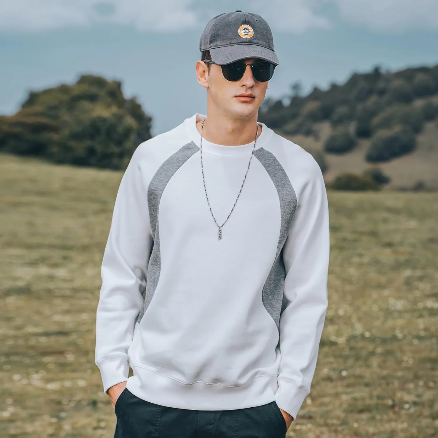 330G Heavy American Casual Sweatshirt Men Autumn Fashion Brand Splicing Contrast Color Round Neck Loose Bottoming Shirt