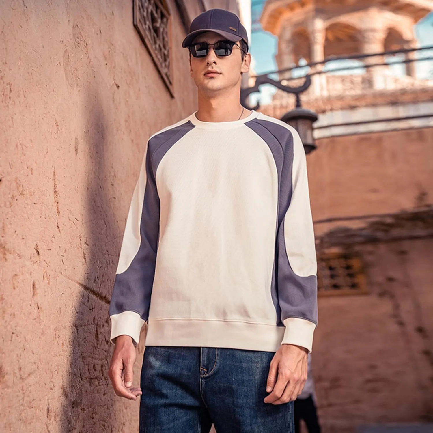 330G Heavy American Casual Sweatshirt Men Autumn Fashion Brand Splicing Contrast Color Round Neck Loose Bottoming Shirt