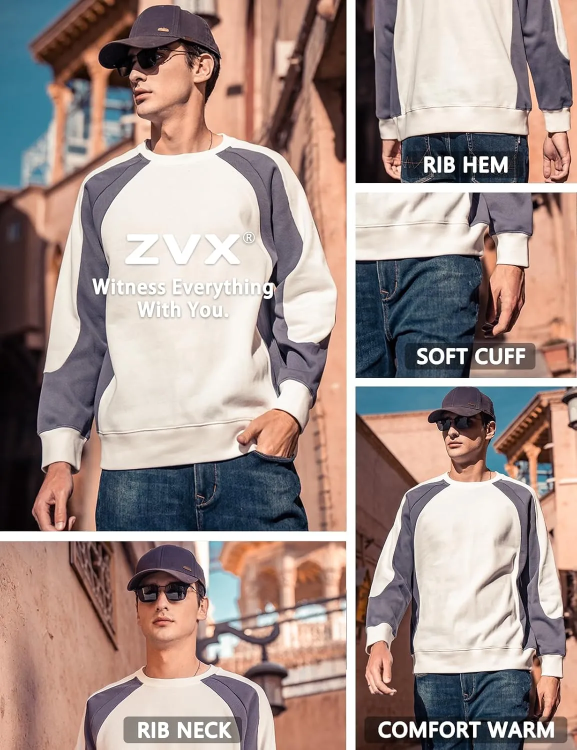 330G Heavy American Casual Sweatshirt Men Autumn Fashion Brand Splicing Contrast Color Round Neck Loose Bottoming Shirt