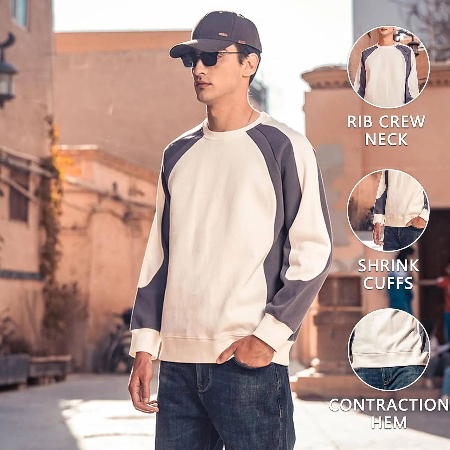 330G Heavy American Casual Sweatshirt Men Autumn Fashion Brand Splicing Contrast Color Round Neck Loose Bottoming Shirt