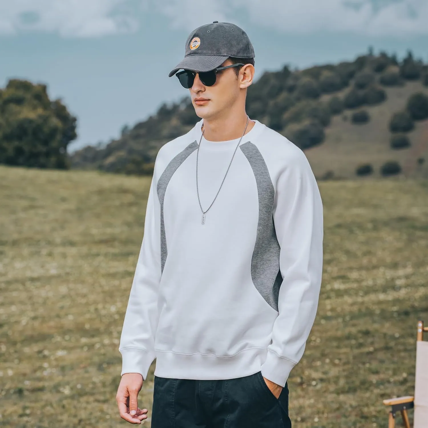 330G Heavy American Casual Sweatshirt Men Autumn Fashion Brand Splicing Contrast Color Round Neck Loose Bottoming Shirt