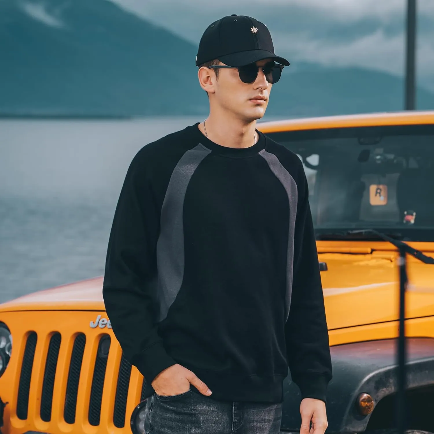 330G Heavy American Casual Sweatshirt Men Autumn Fashion Brand Splicing Contrast Color Round Neck Loose Bottoming Shirt