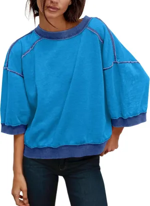 3/4 Sleeve Sweatshirts for Women Vintage Oversized Crewneck Fleece Sweatshirt Loose Casual Summer Fall Pullover Tops
