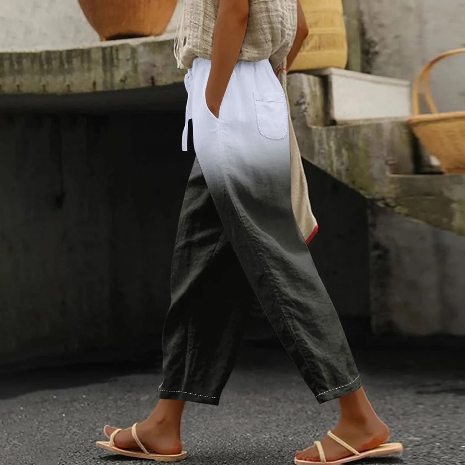 ADHOWBEW Linen Pants Women Petite Summer 2025 Vacation Elastic Waist Trendy Casual Loose Fit Flowy Cover Ups Lounge Pants