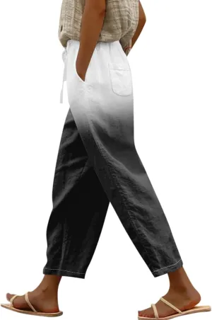 ADHOWBEW Linen Pants Women Petite Summer 2025 Vacation Elastic Waist Trendy Casual Loose Fit Flowy Cover Ups Lounge Pants