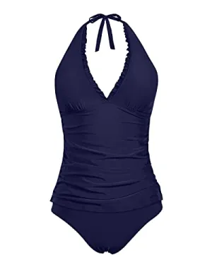 Adjustable Straps Two Piece Bathing Suits V Neck Tankini Swimsuits-Navy Blue