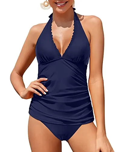 Adjustable Straps Two Piece Bathing Suits V Neck Tankini Swimsuits-Navy Blue