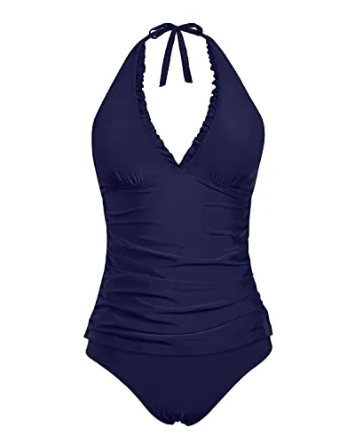 Adjustable Straps Two Piece Bathing Suits V Neck Tankini Swimsuits-Navy Blue