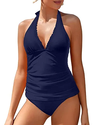 Adjustable Straps Two Piece Bathing Suits V Neck Tankini Swimsuits-Navy Blue