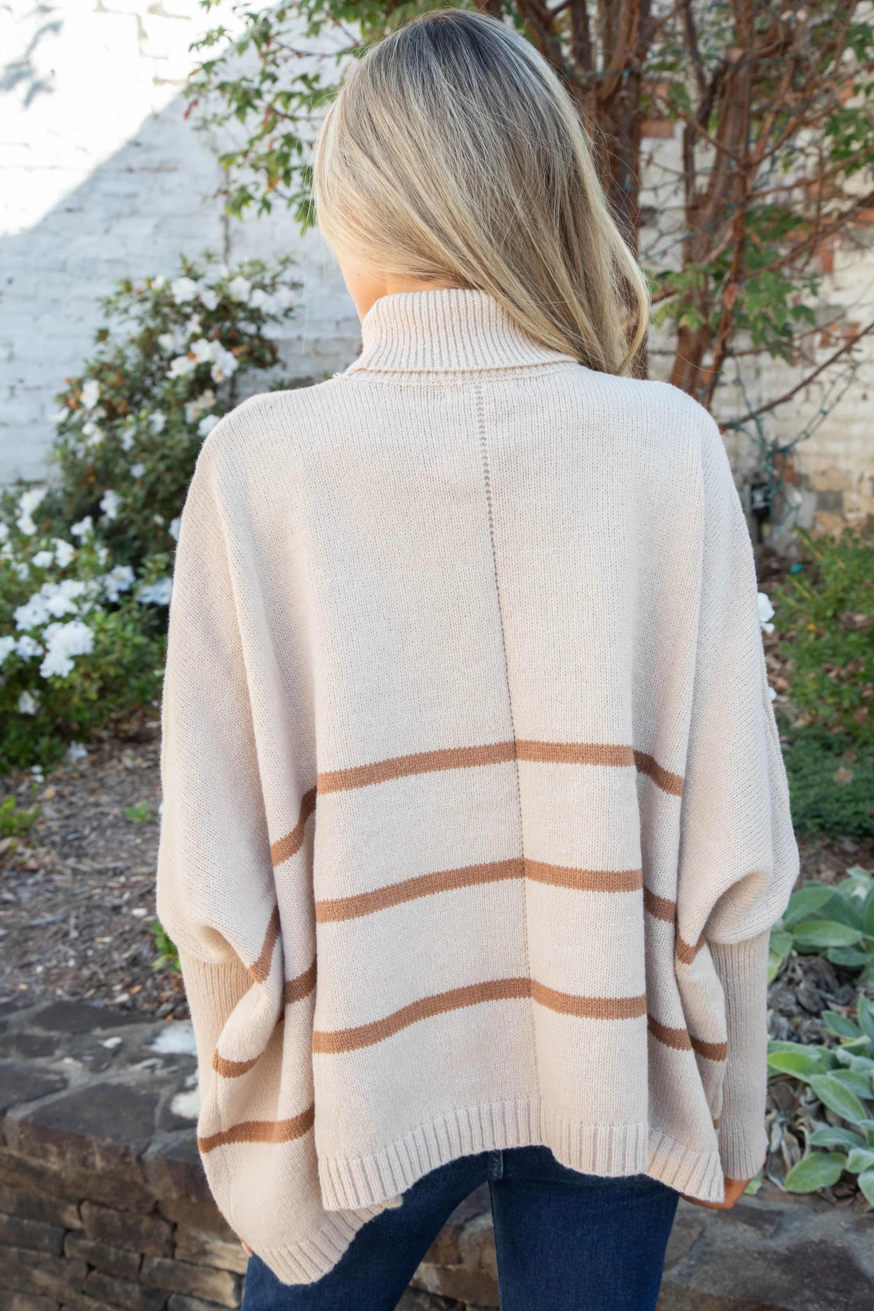 Anabel Striped Turtle Neck Sweater, Light Taupe