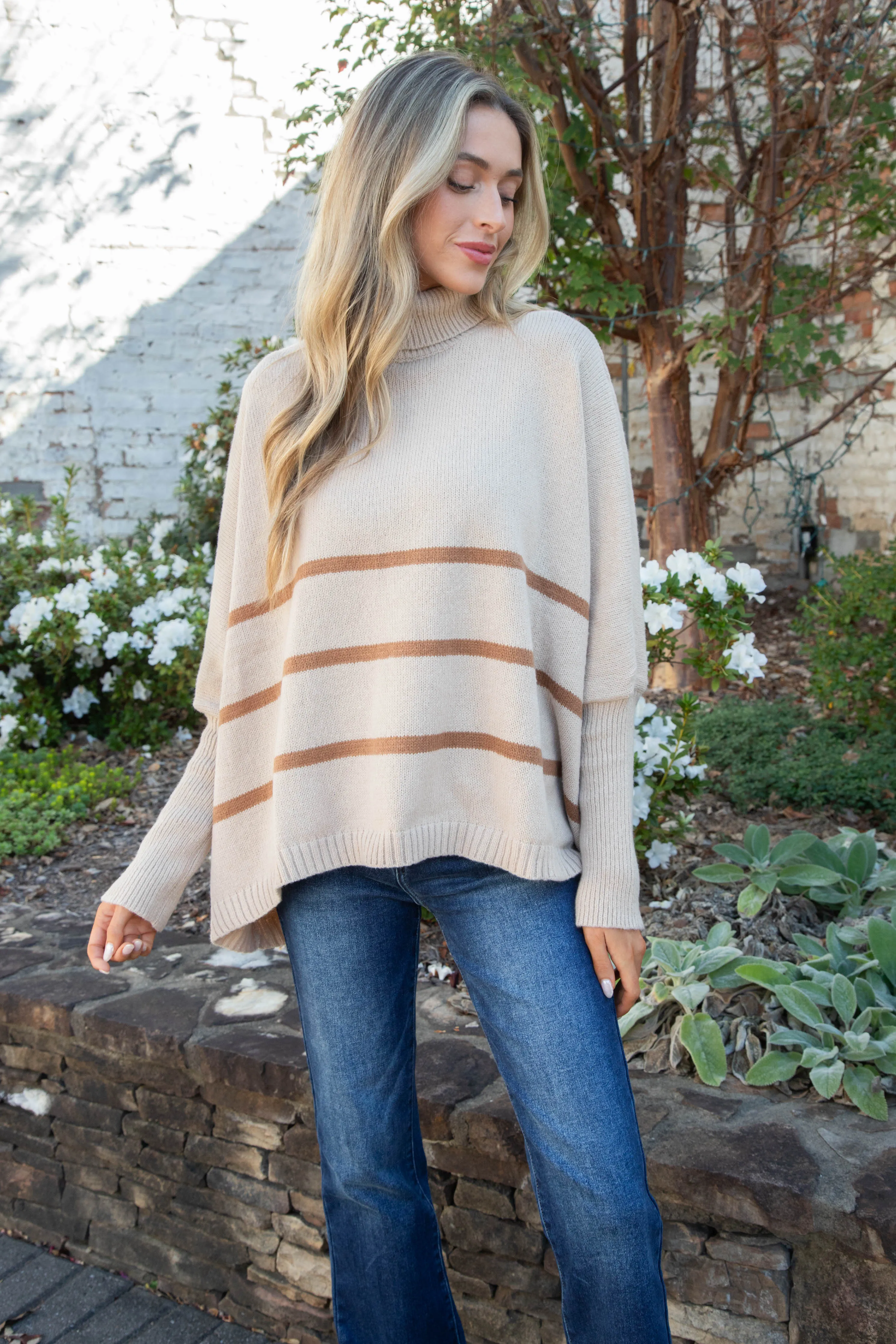 Anabel Striped Turtle Neck Sweater, Light Taupe