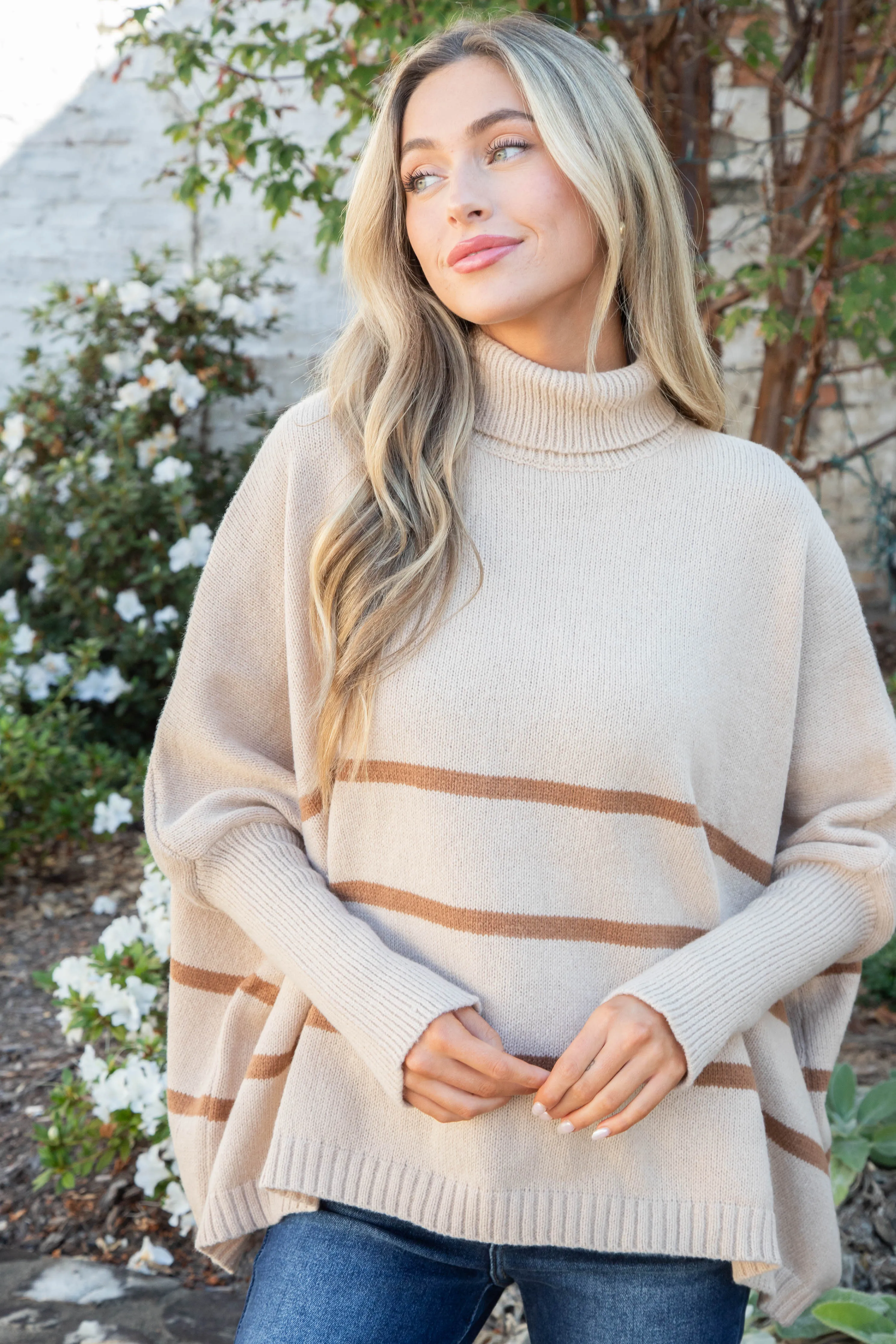 Anabel Striped Turtle Neck Sweater, Light Taupe