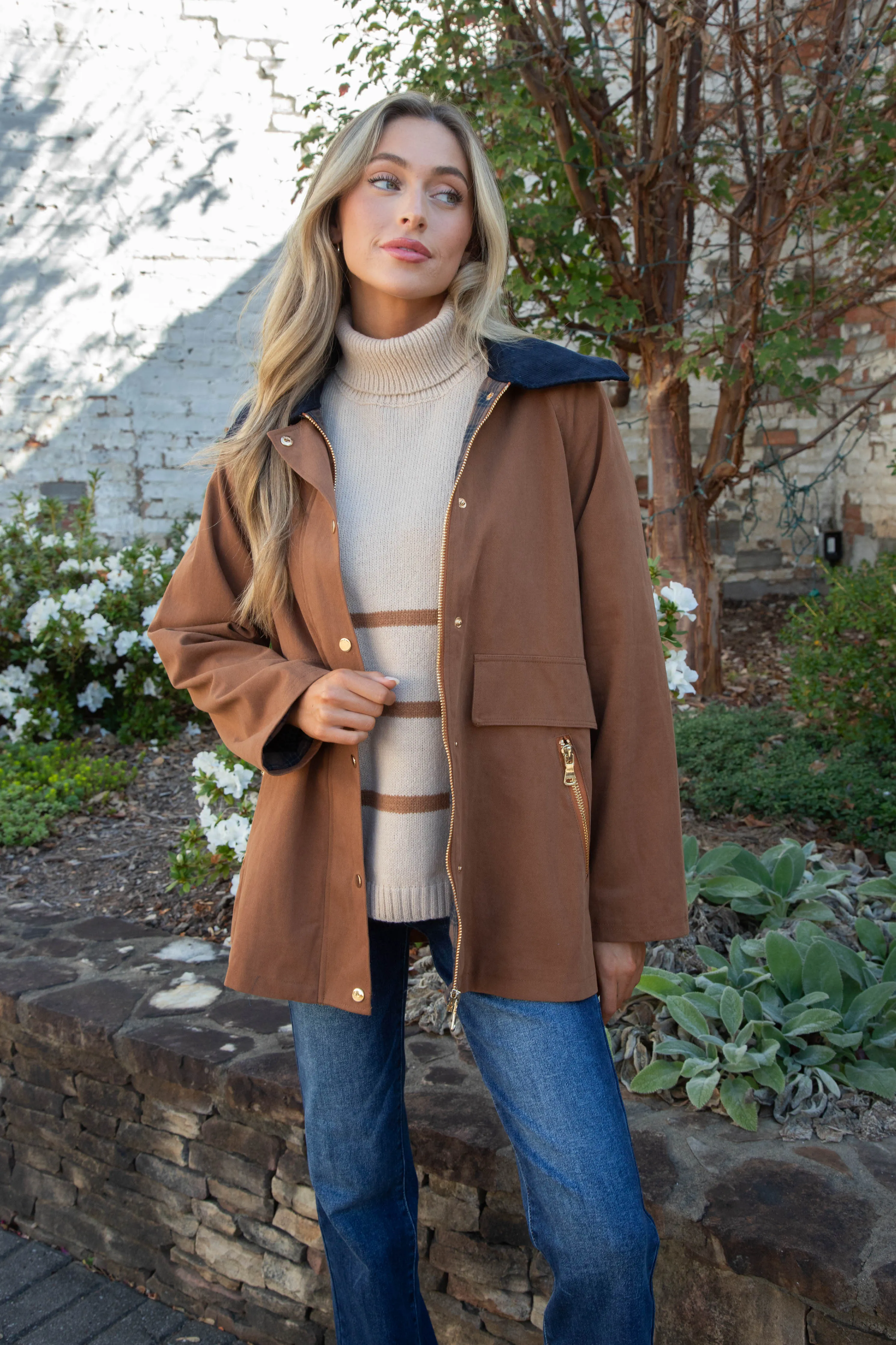 Anabel Striped Turtle Neck Sweater, Light Taupe