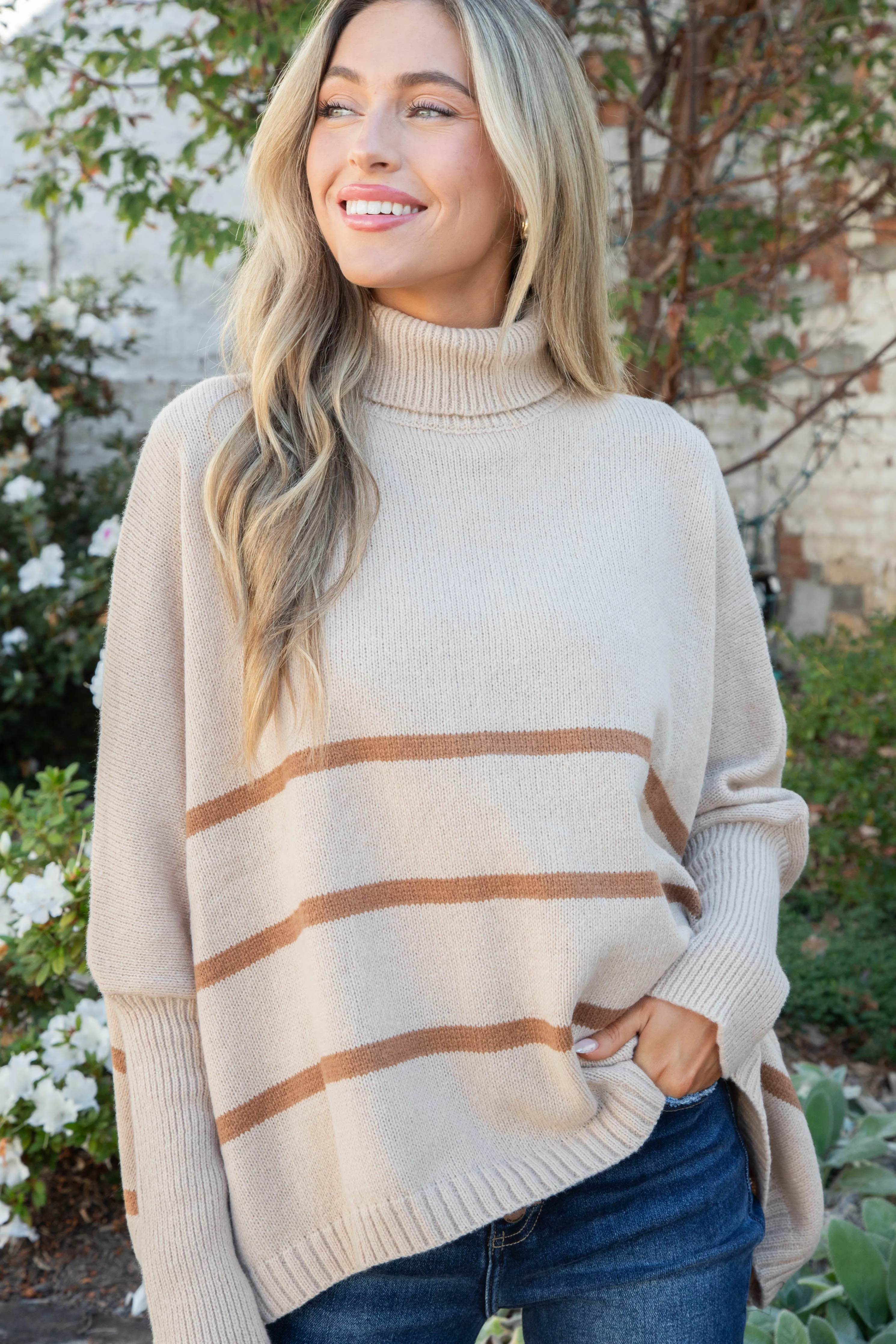 Anabel Striped Turtle Neck Sweater, Light Taupe