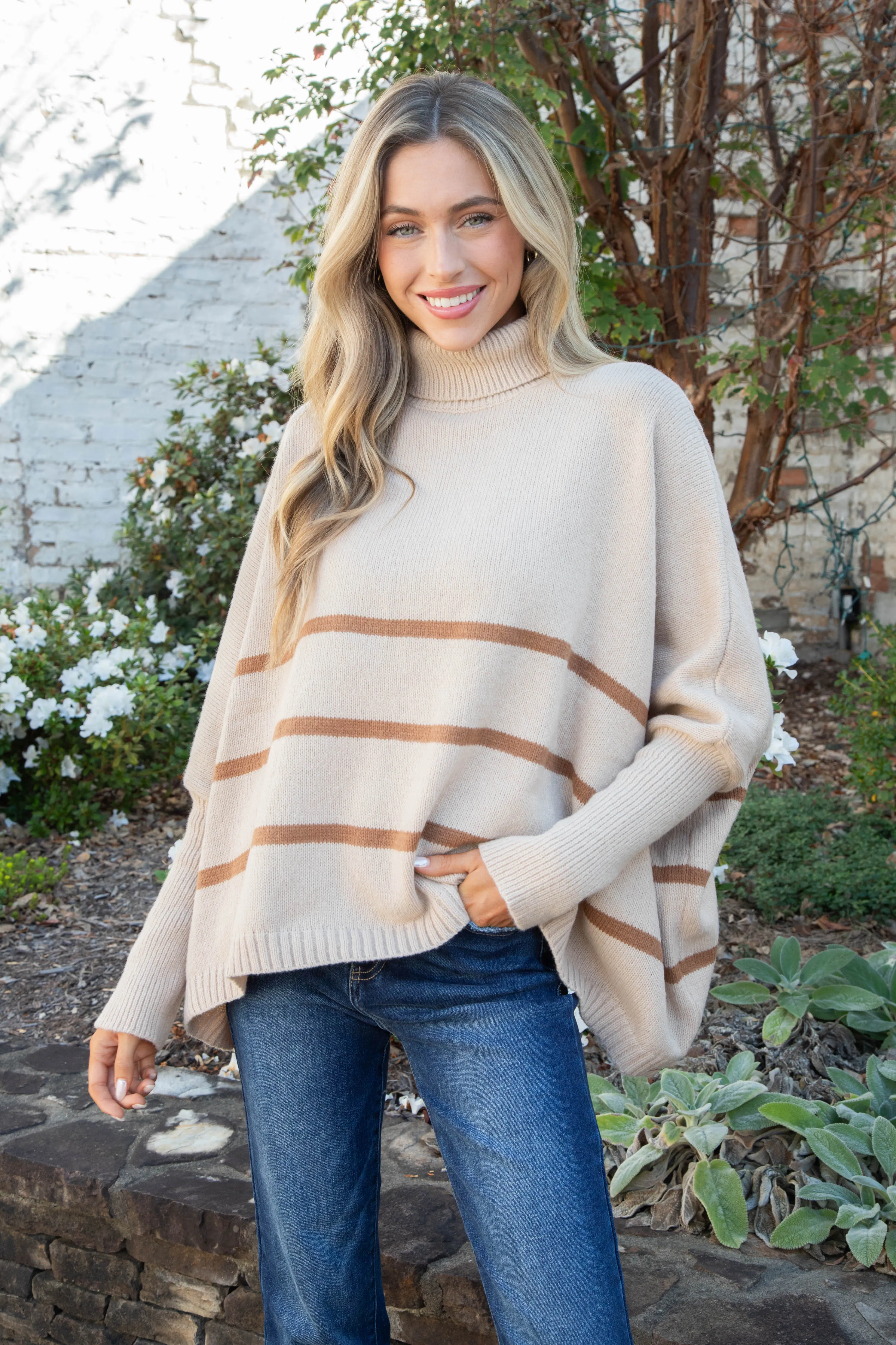Anabel Striped Turtle Neck Sweater, Light Taupe
