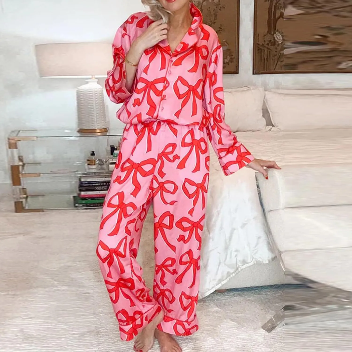 Argeousgor Women Cute Christmas Pajama Sets Satin Silk Pajamas Long Sleeve Shirt Wide Leg Pants 2 Piece Pjs