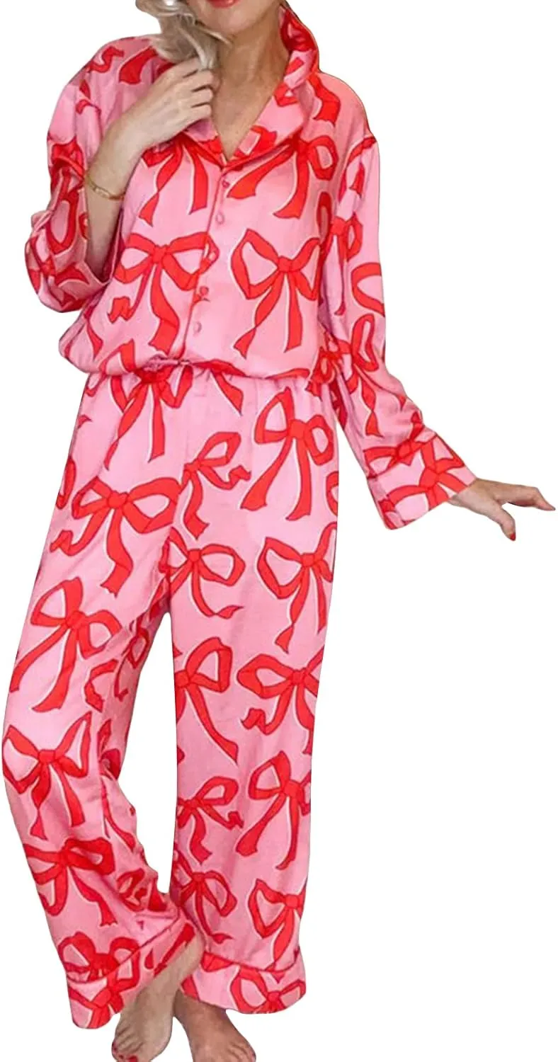 Argeousgor Women Cute Christmas Pajama Sets Satin Silk Pajamas Long Sleeve Shirt Wide Leg Pants 2 Piece Pjs