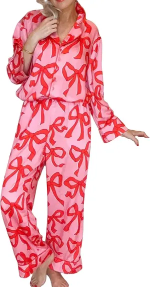 Argeousgor Women Cute Christmas Pajama Sets Satin Silk Pajamas Long Sleeve Shirt Wide Leg Pants 2 Piece Pjs