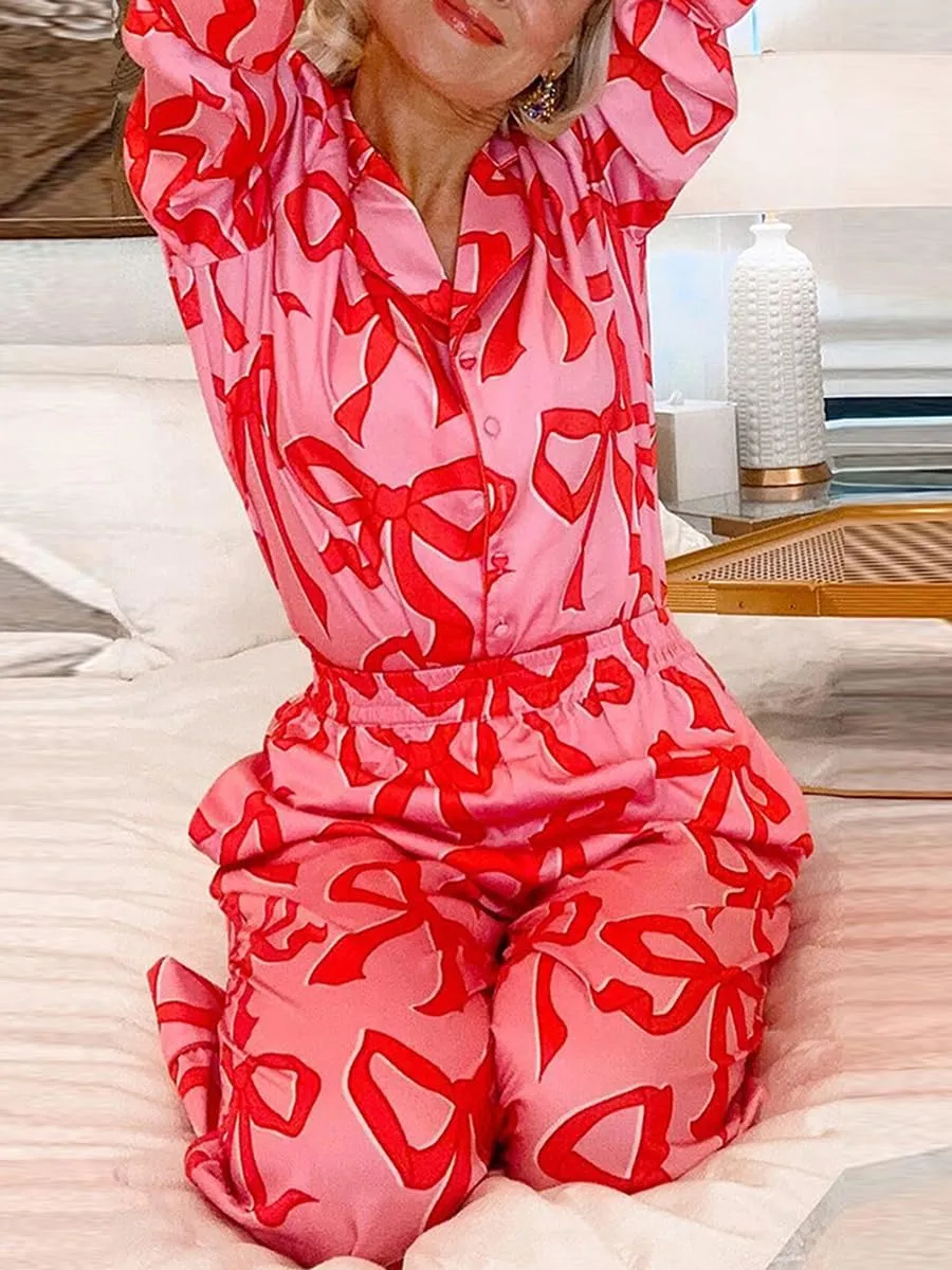 Argeousgor Women Cute Christmas Pajama Sets Satin Silk Pajamas Long Sleeve Shirt Wide Leg Pants 2 Piece Pjs