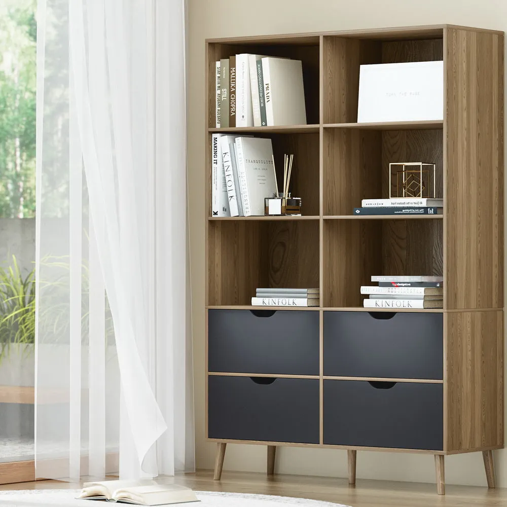 Artiss Bookshelf With 4 Drawers - Mitzi Oak And Blue