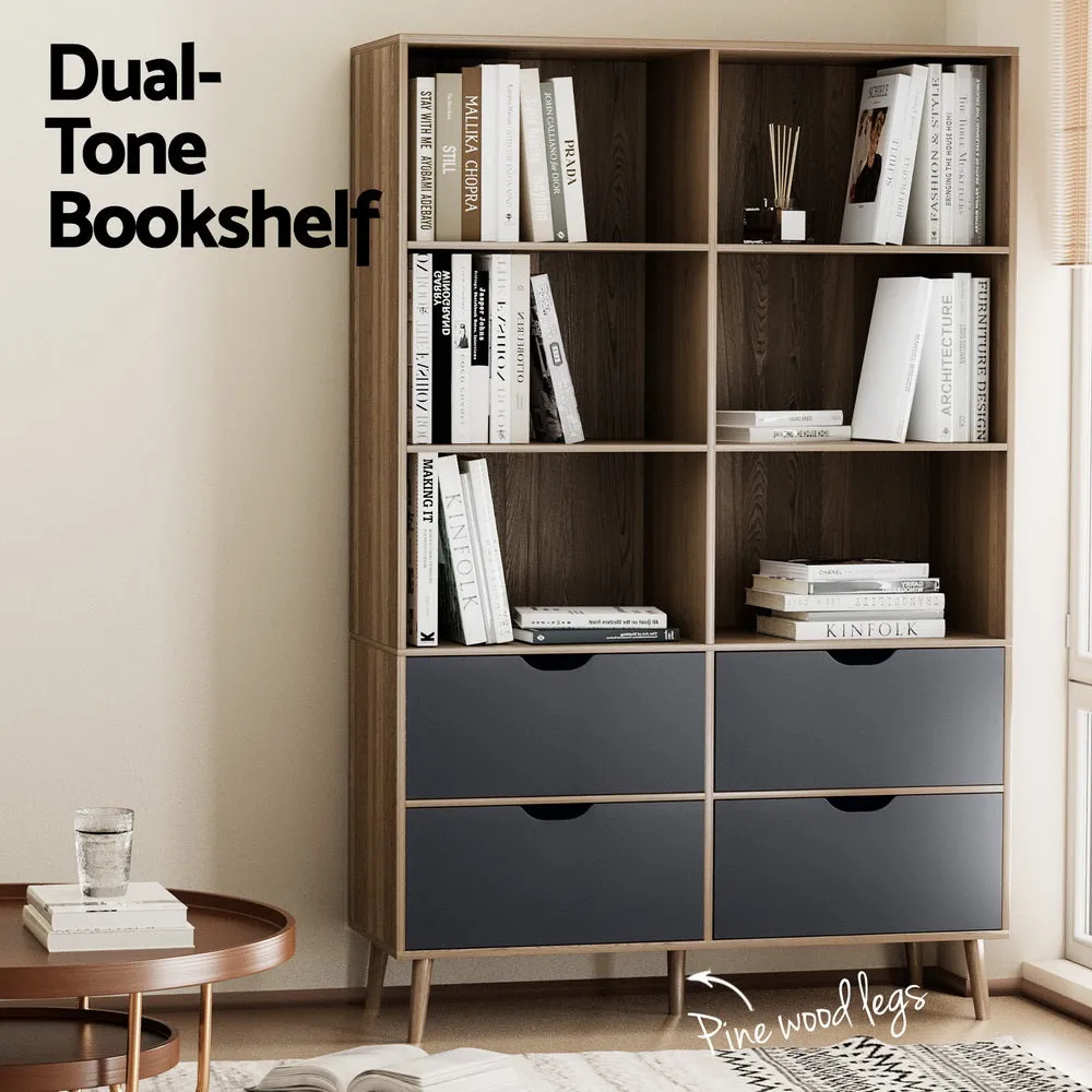 Artiss Bookshelf With 4 Drawers - Mitzi Oak And Blue