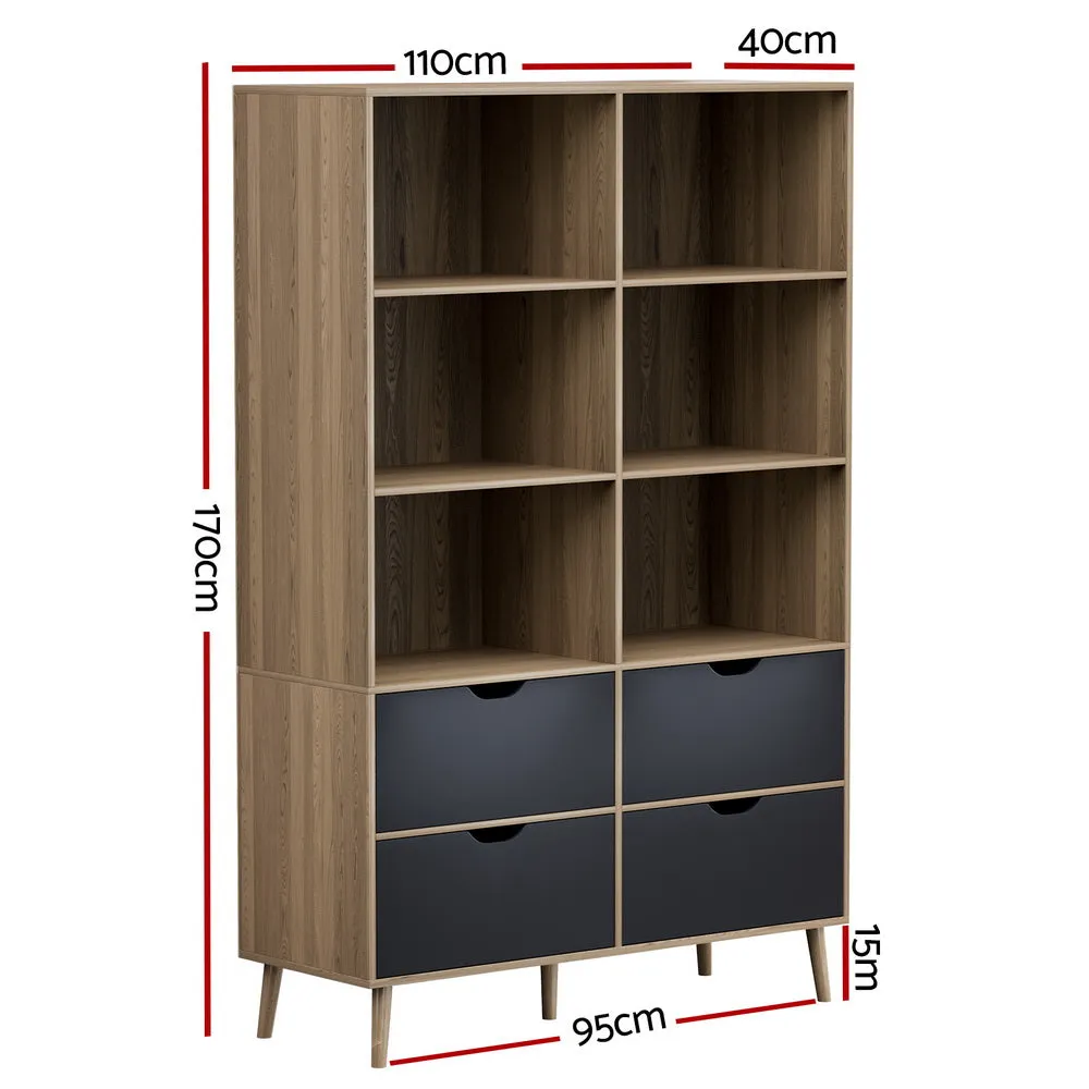 Artiss Bookshelf With 4 Drawers - Mitzi Oak And Blue
