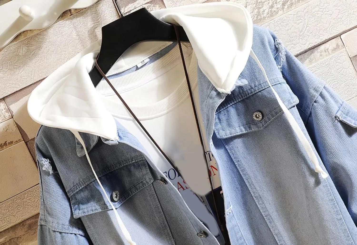 babyhealthy Men Denim Jacket with Hood Casual Button Down Jean Trucker Jacket Hoodies