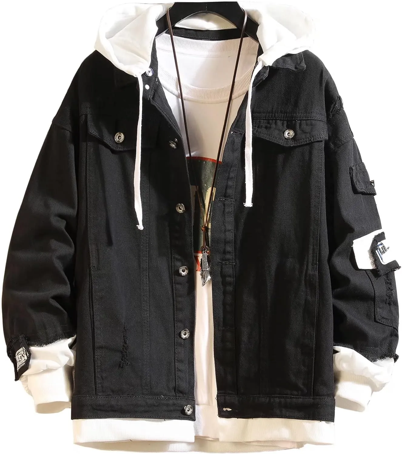 babyhealthy Men Denim Jacket with Hood Casual Button Down Jean Trucker Jacket Hoodies