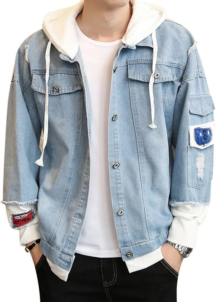 babyhealthy Men Denim Jacket with Hood Casual Button Down Jean Trucker Jacket Hoodies