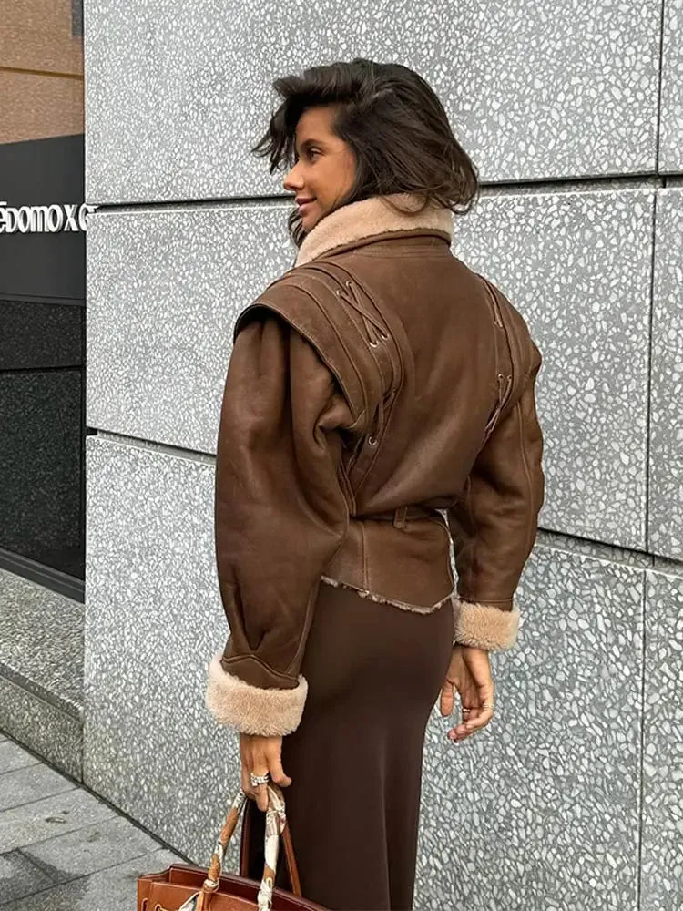 Back To School Sonicelife Women Elegant Irregular Hem Plush Lapel Coats Fashion Lace Up Pocket Long Sleeved Jacket 2024 Autumn Winter New Warm Outwear