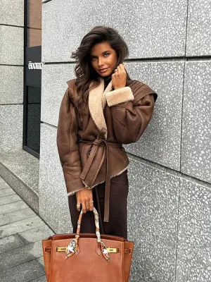Back To School Sonicelife Women Elegant Irregular Hem Plush Lapel Coats Fashion Lace Up Pocket Long Sleeved Jacket 2024 Autumn Winter New Warm Outwear
