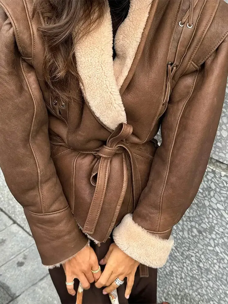 Back To School Sonicelife Women Elegant Irregular Hem Plush Lapel Coats Fashion Lace Up Pocket Long Sleeved Jacket 2024 Autumn Winter New Warm Outwear