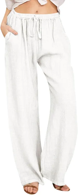Baggy Linen Pants for Women Lightweight Summer Drawstring Wide Leg Pants Casual Loose Comfy Palazzo Pants with Pocket
