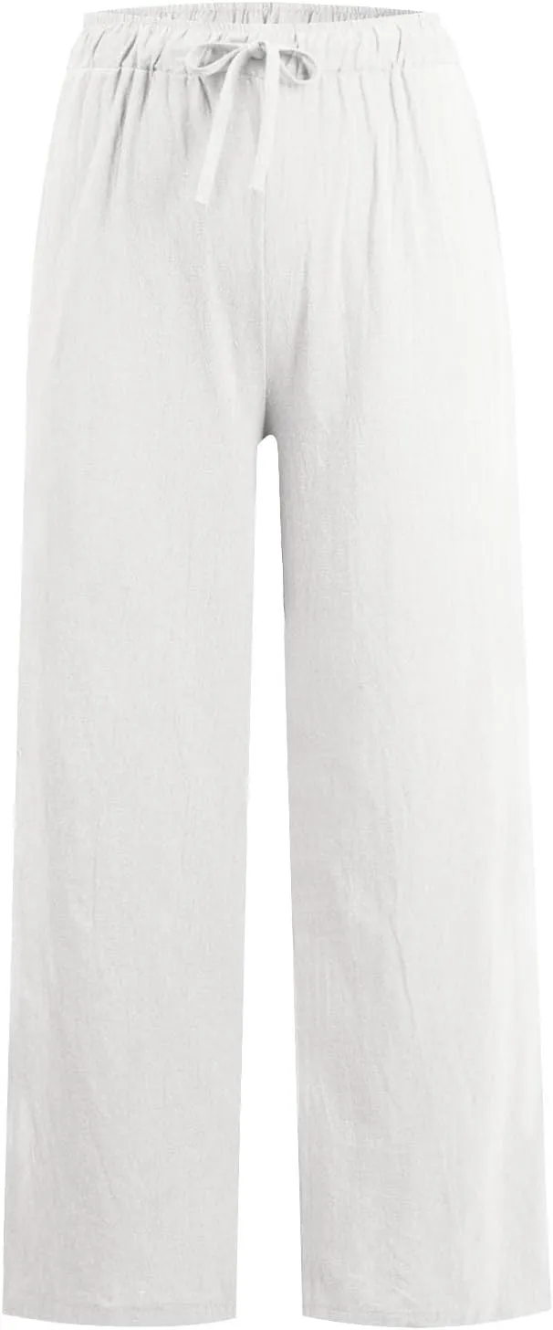 Baggy Linen Pants for Women Lightweight Summer Drawstring Wide Leg Pants Casual Loose Comfy Palazzo Pants with Pocket