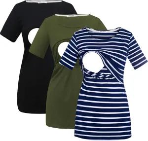 Bearsland Women's 3 Packs Cotton Maternity Nursing Tops Short Sleeve Breastfeeding Clothes
