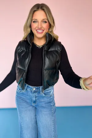 Black Faux Leather Puffer Vest