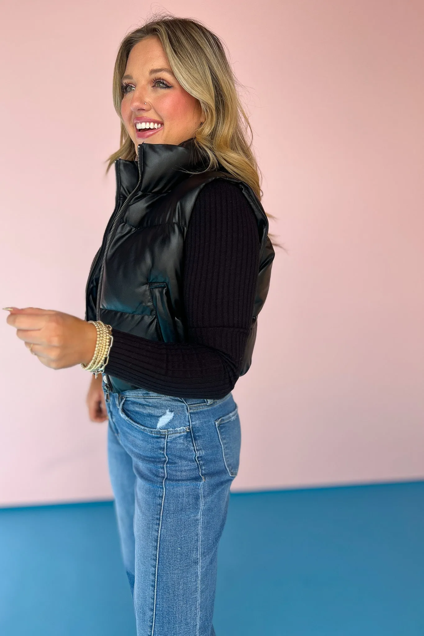 Black Faux Leather Puffer Vest