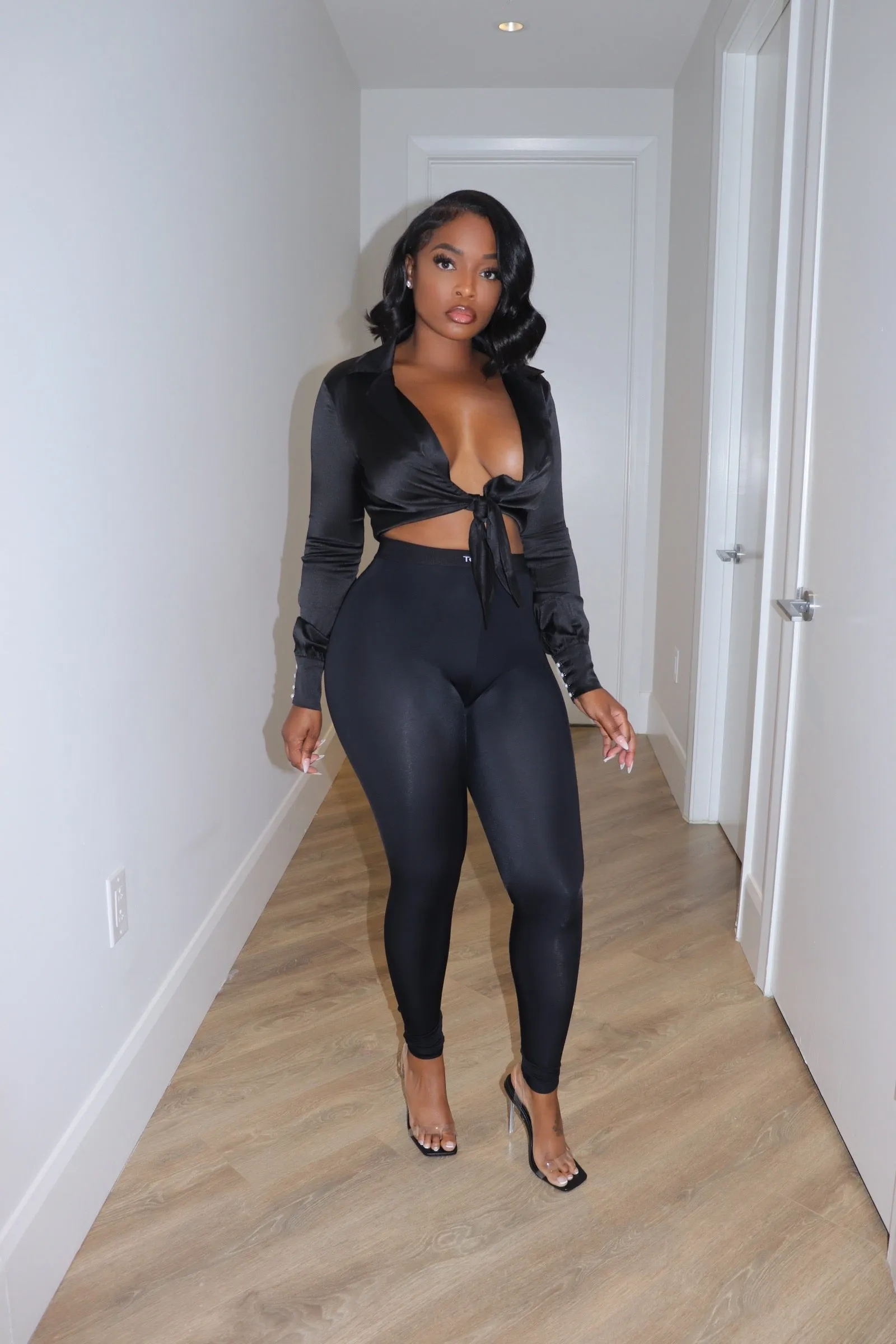 Black satin tie top